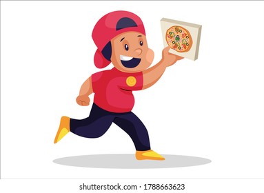 Ilustración gráfica vectorial. El chico del parto está llevando pizza y corriendo rápido. Individualmente sobre fondo blanco.	