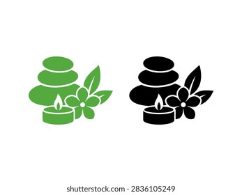 Vector graphic illustration depicting spa and wellness elements including stacked zen stones, a lit candle, and a delicate flower with leaves, presented in both green and black colors, symbolizing tranquility and holistic well-being.