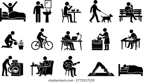 Vector graphic illustration depicting various stick figures engaged in a wide range of common daily routine activities, suitable for infographic design projects.