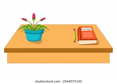 Vector graphic illustration of a desk with flower pot, books and pencils, showing minimalist decor and productivity. Colorful elements convey creativity in a clean and organized workspace.