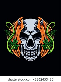 Vector graphic illustration of a devil skull emerging from a broken pumpkin suitable for t-shirt design