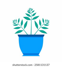 Vector graphic illustration of digital artwork of brightly colored potted plants with green leaves, placed in bright blue pots, isolated on white background, symbolizing nature and interior decoration