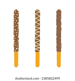 vector graphic illustration of a dipped pretzel covered in chocolate with nuts, cream and sprinkles