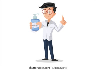 Vector graphic illustration. Doctor is holding sanitizer bottle in hand. Individually on a white background.	