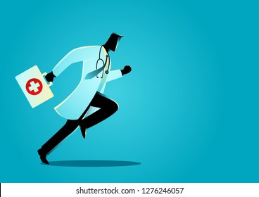 Vector Graphic Illustration Of A Doctor Running With Suitcase. Responsive, Emergency Concept