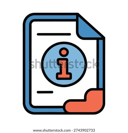 Vector graphic illustration of a document featuring a prominent 'i' information symbol within a blue circle, conveying concepts like data, help, and important details for user interface design applications.