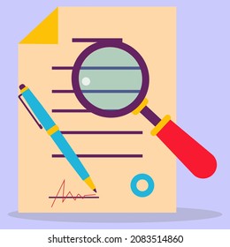Vektorgrafik eines Dokuments und einer Suchschleife. Suchen Sie mit einem Vergrößerungsglas nach Fehlern in Dokumenten. Überprüfung des Vertrags.