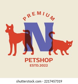 Vector graphic illustration of dog and cat combination alphabet N. Perfect for pet shop logo