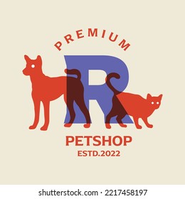 Ilustración gráfica vectorial del alfabeto R combinado perro y gato. Logotipo perfecto para tienda de mascotas