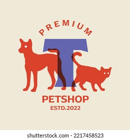 Vector graphic illustration of dog and cat combination alphabet T. Perfect for pet shop logo