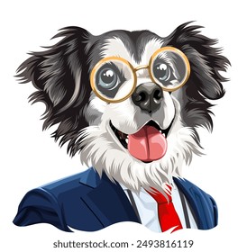 Vector graphic illustration of a dog with glasses wearing a suit like a professor