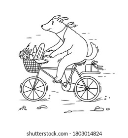Ilustración gráfica vectorial Perro monta una bicicleta para un picnic