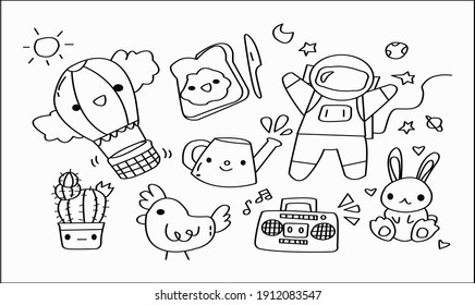 vector graphic illustration of doodle kawai mix for kids coloring book