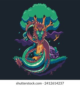 Vector graphic illustration of a dragon wrapped around a tree suitable for t-shirt design