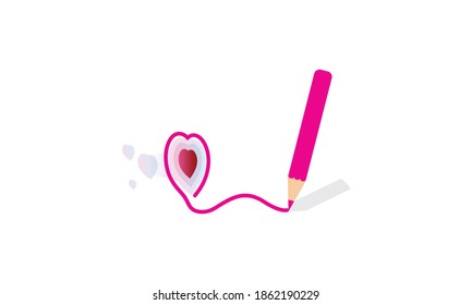 Vector graphic illustration of a drawing pencil and hearts. Good for website banner component, greeting card, love or a romantic background, wedding card, etc