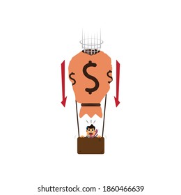 Ilustración gráfica vectorial de un globo de caída, que muestra pasajeros con expresiones asustadas preocupadas. Bien por la ilustración empresarial o financiera