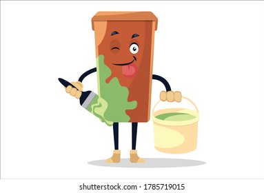 Vector graphic illustration. Dustbin is holding the bucket in hand and coloring itself with a brush. Individually on white background.	