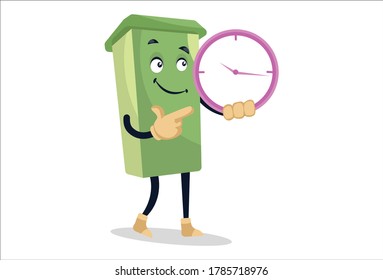 Ilustración gráfica vectorial. Dustbin está parado con el reloj. Individualmente sobre fondo blanco.	
