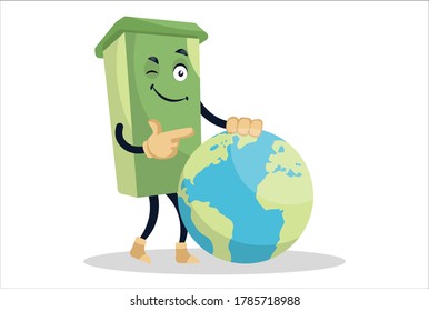 Vector graphic illustration. Dustbin is standing with the earth and making eyes. Individually on white background.	