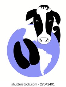 A Vector Graphic Illustration Of The Earth, A Cow, And A Hoof Print For Carbon Pollution Issues.