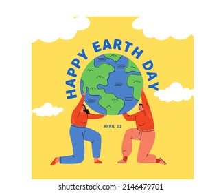 vector graphic illustration of earth, globe, people, clouds, text. top view, perfect for background and commemorate earth day