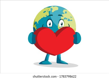 Vector graphic illustration. Earth is holding the heart in hand. Individually on a white background.	
