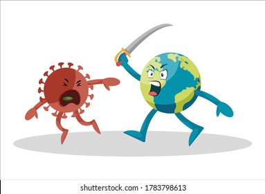 Vector graphic illustration of earth killing coronavirus with the sword. Individually on a white background.	
