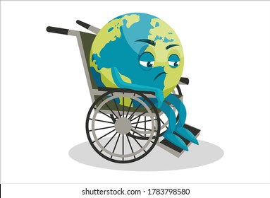 Ilustración gráfica vectorial. La Tierra está sentada en una silla de ruedas. Individualmente sobre un fondo blanco.