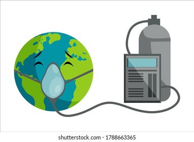 Vector graphic illustration of earth wearing an oxygen mask. Individually on a white background.	