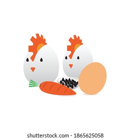 Vector graphic illustration of an eggs, carrot and the black seeds to forming resemble to chicken for food decoration. Fit to place on website banner, food packaging, icon, etc