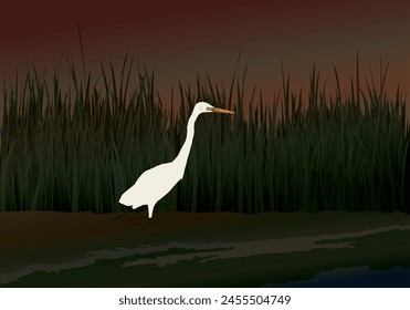 Ilustración gráfica de Vector de una garza al atardecer