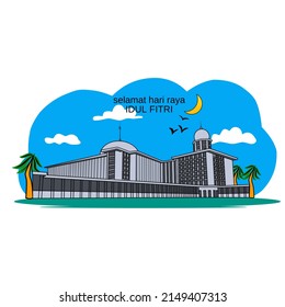 vector graphic illustration for Eid al-Fitr greetings with the background of the Istiqlal mosque in Jakarta Indonesia