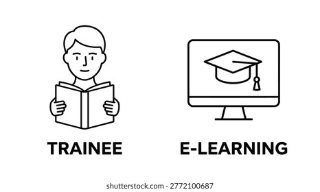 Vector graphic illustration of E-learning trainee icons with book and computer Vector