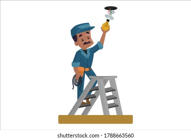 Ilustración gráfica vectorial. El electricista está encajando la bombilla del techo. Individualmente sobre un fondo blanco.