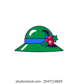 Vector graphic illustration of elegant hat with holly decoration in cartoon style. Headwear for party or carnival. The icon is perfect for web design, decorative elements, print, stickers, or social