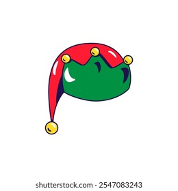 Vector graphic illustration of elf hat with bells in cartoon style. Headwear for party or carnival. The icon is perfect for web design, decorative elements, print, stickers, or social media. The image