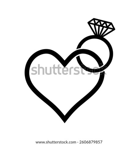 Vector graphic illustration of engagement ring icon silhouette with diamonds blending into heart shape. Perfect for wedding invitation design, jewelry logo, greeting cards, love theme decoration.