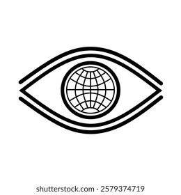 Vector graphic illustration of an eye symbol icon containing a global map as its pupil on a white background. Perfect for global awareness, environmental themes, or futuristic concepts.