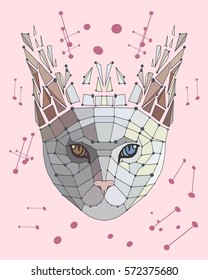 Vector. Graphic illustration of face cat broken into fragments. 