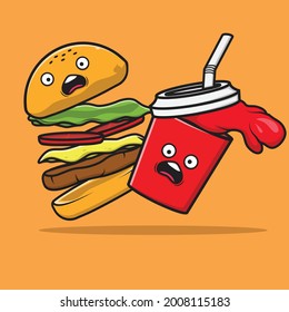 Vector graphic illustration of falling burger and soft drink good for marketing purposes, sticker making, etc.