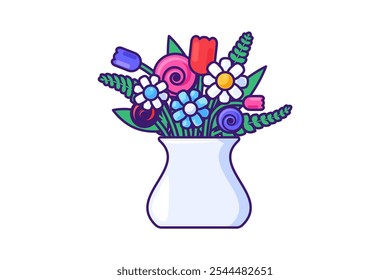 Vector graphic illustration of fascinating bouquet in a vase in vibrant outline cartoon style. Springtime or summertime decoration. Delightful mix of flowers and green leaves. Present for various