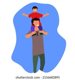 vector graphic illustration of a father carrying his son on his shoulder