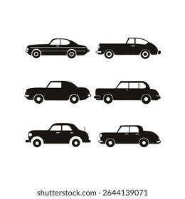 A vector graphic illustration featuring nine black silhouettes of classic cars viewed from the side against a white background. 