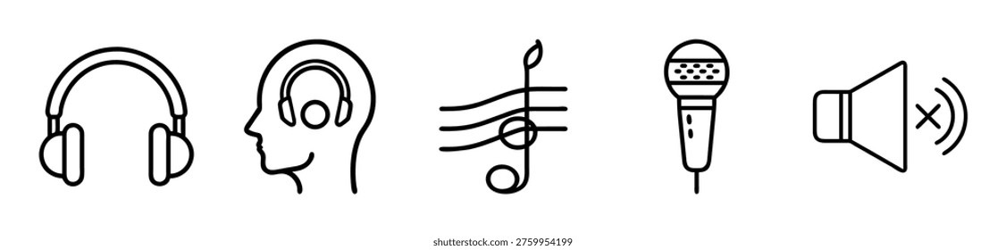 A vector graphic illustration featuring a set of audio related icons and symbols, including headphones, a head with earphones, a music note, a microphone, and a disabled speaker.