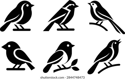 A vector graphic illustration featuring a set of six solid black silhouette sitting songbird sparrow and branch perching icons. The collection showcases lovely geometric and minimalist variations of small garden birds perched on sticks and branches, arranged in a clean monochrome grid layout inside a digital vector selection bounding box with light blue highlights. 
