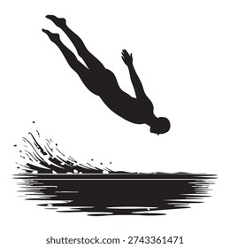 Vector graphic illustration featuring a stylized black silhouette of a skilled person performing a powerful, headfirst dive into water, generating an impressive splash, representing sports, agility, and aquatic activities with dynamic energy.