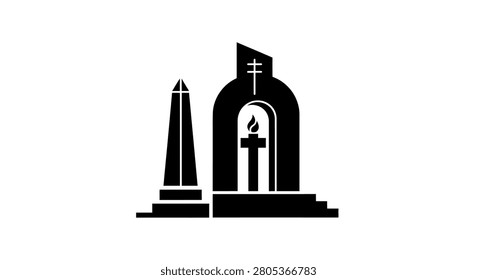 A vector graphic illustration featuring a war monument with an obelisk and an archway containing an eternal flame symbol in a simple flat black design.