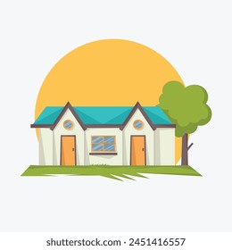 Vector graphic illustration featuring a white house with a blue roof and a tree in front, ideal for web landing pages, banners, flyers, stickers, cards, and backgrounds