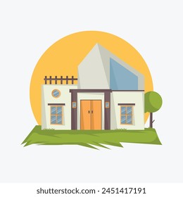 Vector graphic illustration featuring a white house with a blue roof and a tree in front, ideal for web landing pages, banners, flyers, stickers, cards, and backgrounds
