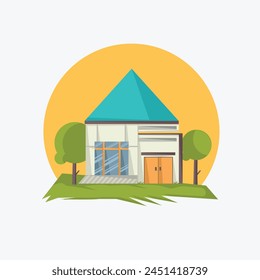 Vector graphic illustration featuring a white house with a blue roof and a tree in front, ideal for web landing pages, banners, flyers, stickers, cards, and backgroundsVector graphic illustration feat